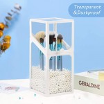 Glass Makeup Brush Holder with Lid, Suream 8.3” White Clear Dust Proof Transparent Cosmetic Eyeliner Organizer with Free White Pearls for Desktop, Dresser Decoration, Bathroom vanity and Countertop