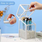 Glass Makeup Brush Holder with Lid, Suream 8.3” White Clear Dust Proof Transparent Cosmetic Eyeliner Organizer with Free White Pearls for Desktop, Dresser Decoration, Bathroom vanity and Countertop