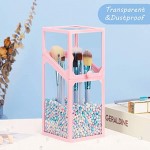 Glass Makeup Brush Holder with Pearls, Suream 8.3in Pink Clear Square Dustproof Transparent Cosmetic Display Organizer with Colorful Beads for Drawer, Dresser, Countertop, Bedroom and Bathroom vanity