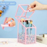 Glass Makeup Brush Holder with Pearls, Suream 8.3in Pink Clear Square Dustproof Transparent Cosmetic Display Organizer with Colorful Beads for Drawer, Dresser, Countertop, Bedroom and Bathroom vanity