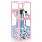 Glass Makeup Brush Holder with Pearls, Suream 8.3in Pink Clear Square Dustproof Transparent Cosmetic Display Organizer with Colorful Beads for Drawer, Dresser, Countertop, Bedroom and Bathroom vanity