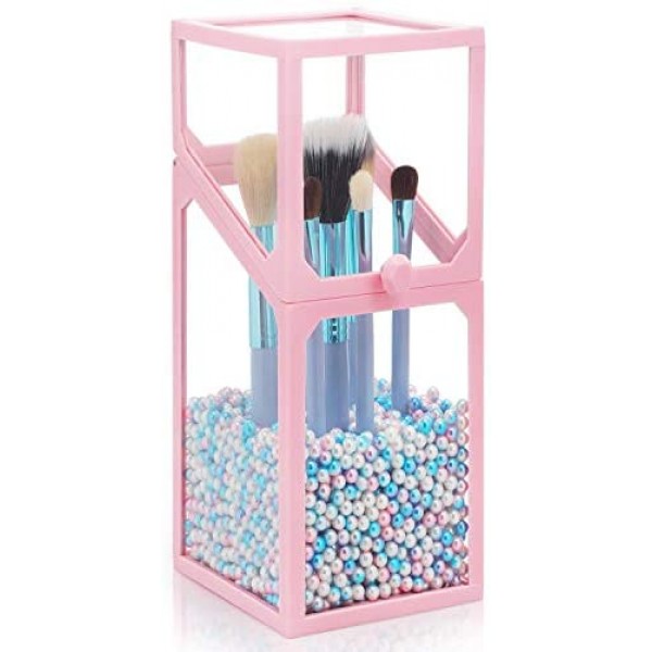 Glass Makeup Brush Holder with Pearls, Suream 8.3in Pink Clear Square Dustproof Transparent Cosmetic Display Organizer with Colorful Beads for Drawer, Dresser, Countertop, Bedroom and Bathroom vanity