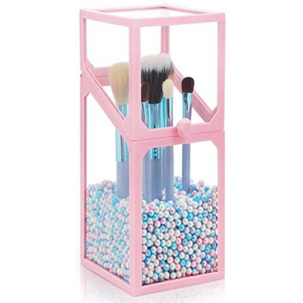 Glass Makeup Brush Holder with Pearls, Suream 8.3in Pink Clear Square Dustproof Transparent Cosmetic Display Organizer with Colorful Beads for Drawer, Dresser, Countertop, Bedroom and Bathroom vanity