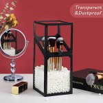 Glass Makeup Brush Houlder, Suream 8.3” Black Square Dustproof Cosmetic Brush Eyeliner Holder with Free White Pearls for Dresser and Countertop Vanity