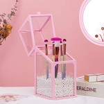 Glass Makeup Brush Organizer with Lid, Suream 8.3” Pink Clear Square Dustproof Transparent Cosmetic Pen Display Holder with White Pearls for Desktop, Dresser, Countertop, Bedroom and Bathroom vanity