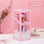 Glass Makeup Brush Organizer with Lid, Suream 8.3” Pink Clear Square Dustproof Transparent Cosmetic Pen Display Holder with White Pearls for Desktop, Dresser, Countertop, Bedroom and Bathroom vanity