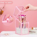Glass Makeup Brush Organizer with Lid, Suream 8.3” Pink Clear Square Dustproof Transparent Cosmetic Pen Display Holder with White Pearls for Desktop, Dresser, Countertop, Bedroom and Bathroom vanity