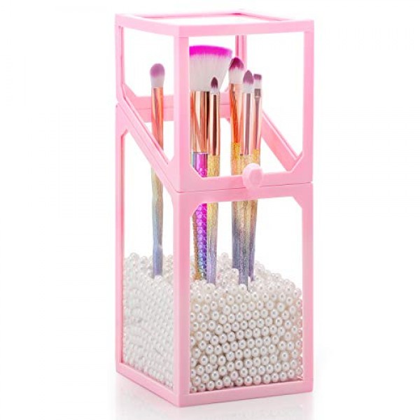 Glass Makeup Brush Organizer with Lid, Suream 8.3” Pink Clear Square Dustproof Transparent Cosmetic Pen Display Holder with White Pearls for Desktop, Dresser, Countertop, Bedroom and Bathroom vanity