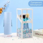 Glass Makeup Brush Organizer with Lid, Suream 8.3” White Clear Square Dustproof Transparent Cosmetic Pencil Organizer with Colorful Pearls for Drawer, Dresser, Countertop, Bedroom and Bathroom vanity
