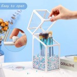 Glass Makeup Brush Organizer with Lid, Suream 8.3” White Clear Square Dustproof Transparent Cosmetic Pencil Organizer with Colorful Pearls for Drawer, Dresser, Countertop, Bedroom and Bathroom vanity