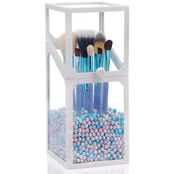 Glass Makeup Brush Organizer with Lid, Suream 8.3” White Clear Square Dustproof Transparent Cosmetic Pencil Organizer with Colorful Pearls for Drawer, Dresser, Countertop, Bedroom and Bathroom vanity