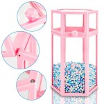 Glass Makeup Brush Organizer with Lid, Suream 8.46" Pink Hexagon Dustproof Transparent Beauty Cosmetic Eyeliner Brush Holder with Colorful Pearls for Desktop, Dresser, Bedroom and Bathroom Vanity