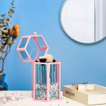 Glass Makeup Brush Organizer with Lid, Suream 8.46" Pink Hexagon Dustproof Transparent Beauty Cosmetic Eyeliner Brush Holder with Colorful Pearls for Desktop, Dresser, Bedroom and Bathroom Vanity