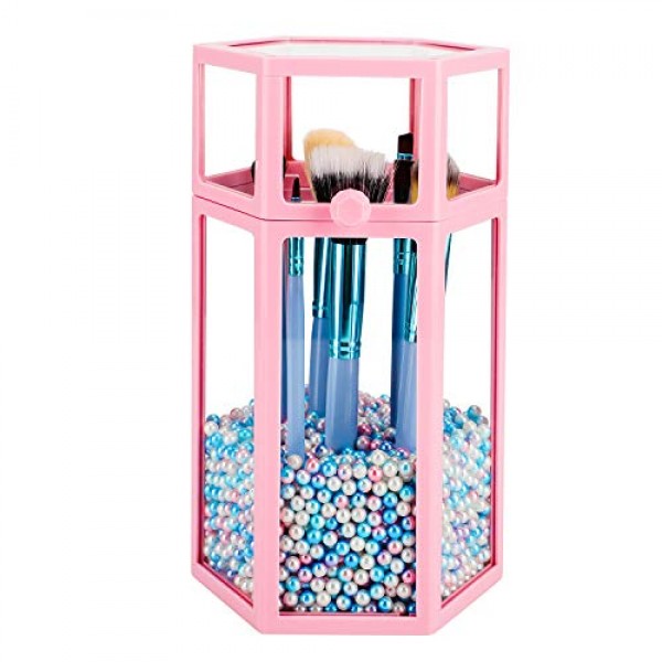 Glass Makeup Brush Organizer with Lid, Suream 8.46" Pink Hexagon Dustproof Transparent Beauty Cosmetic Eyeliner Brush Holder with Colorful Pearls for Desktop, Dresser, Bedroom and Bathroom Vanity