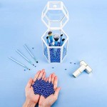 Glass Makeup Brush Storage for Vanity, Suream 8.46” White Hexagon Transparent Beauty Holder with Lid, Eyeliner Display Organizer with Blue Pearls for Desktop, Dresser and Bedroom Countertop Decoration