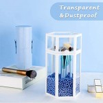 Glass Makeup Brush Storage for Vanity, Suream 8.46” White Hexagon Transparent Beauty Holder with Lid, Eyeliner Display Organizer with Blue Pearls for Desktop, Dresser and Bedroom Countertop Decoration