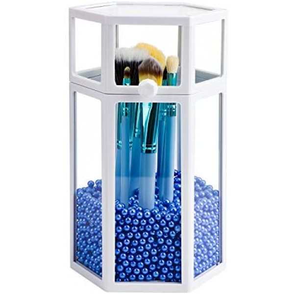 Glass Makeup Brush Storage for Vanity, Suream 8.46” White Hexagon Transparent Beauty Holder with Lid, Eyeliner Display Organizer with Blue Pearls for Desktop, Dresser and Bedroom Countertop Decoration