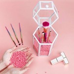 Glass Makeup Brush Storage for Vanity, Suream 8.46” White Hexagon Transparent Dustproof Beauty Holder with Lid, Eyeliner Display Organizer with Pink Pearls for Desktop, Dresser and Bedroom Countertop