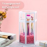 Glass Makeup Brush Storage for Vanity, Suream 8.46” White Hexagon Transparent Dustproof Beauty Holder with Lid, Eyeliner Display Organizer with Pink Pearls for Desktop, Dresser and Bedroom Countertop