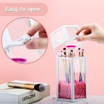 Glass Makeup Brush Storage for Vanity, Suream 8.46” White Hexagon Transparent Dustproof Beauty Holder with Lid, Eyeliner Display Organizer with Pink Pearls for Desktop, Dresser and Bedroom Countertop