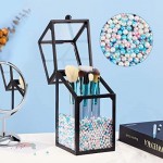 Glass Makeup Brush Storage with Lid, Suream 8.3” Black Clear Beauty Dustproof Transparent Cosmetic Pen Square Organizer with Colorful Pearls for Desktop, Dresser, Bathroom vanity and Countertop