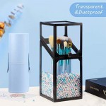 Glass Makeup Brush Storage with Lid, Suream 8.3” Black Clear Beauty Dustproof Transparent Cosmetic Pen Square Organizer with Colorful Pearls for Desktop, Dresser, Bathroom vanity and Countertop