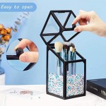 Glass Makeup Brush Storage with Lid, Suream 8.3” Black Clear Beauty Dustproof Transparent Cosmetic Pen Square Organizer with Colorful Pearls for Desktop, Dresser, Bathroom vanity and Countertop