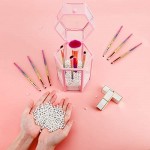 Glass Makeup Brush Storage with Lid, Suream 8.46” Pink Clear Hexagon Dustproof Transparent Cosmetic Pen Organizer Display Holder with White Pearls for Desktop, Dresser, Countertop and Bedroom Vanity