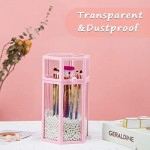 Glass Makeup Brush Storage with Lid, Suream 8.46” Pink Clear Hexagon Dustproof Transparent Cosmetic Pen Organizer Display Holder with White Pearls for Desktop, Dresser, Countertop and Bedroom Vanity