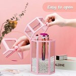 Glass Makeup Brush Storage with Lid, Suream 8.46” Pink Clear Hexagon Dustproof Transparent Cosmetic Pen Organizer Display Holder with White Pearls for Desktop, Dresser, Countertop and Bedroom Vanity