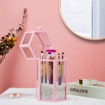 Glass Makeup Brush Storage with Lid, Suream 8.46” Pink Clear Hexagon Dustproof Transparent Cosmetic Pen Organizer Display Holder with White Pearls for Desktop, Dresser, Countertop and Bedroom Vanity