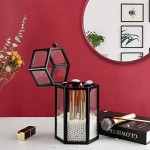 Glass Organizer for Makeup Brush, Suream 8.46” Black Hexagon Transparent Beauty Cosmetic Holder with Lid, Eyeliner Display Storage with White Pearls for Desktop, Dresser, Bedroom vanity and Countertop