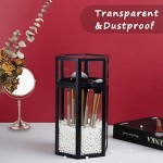 Glass Organizer for Makeup Brush, Suream 8.46” Black Hexagon Transparent Beauty Cosmetic Holder with Lid, Eyeliner Display Storage with White Pearls for Desktop, Dresser, Bedroom vanity and Countertop