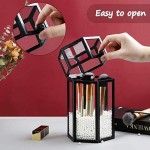 Glass Organizer for Makeup Brush, Suream 8.46” Black Hexagon Transparent Beauty Cosmetic Holder with Lid, Eyeliner Display Storage with White Pearls for Desktop, Dresser, Bedroom vanity and Countertop