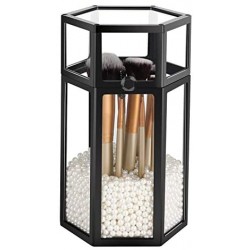 Glass Organizer for Makeup Brush, Suream 8.46” Black Hexagon Transparent Beauty Cosmetic Holder with Lid, Eyeliner Display Storage with White Pearls for Desktop, Dresser, Bedroom vanity and Countertop