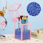 Glass Transparent Holder for Makeup Brush, Suream 8.3” Pink Clear Square Cosmetic Beauty Storage with Lid, Eyeliner Display Organizer with Blue Pearls for Desktop, Dresser, Bedroom and Bathroom Vanity