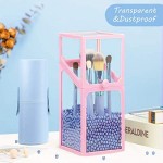 Glass Transparent Holder for Makeup Brush, Suream 8.3” Pink Clear Square Cosmetic Beauty Storage with Lid, Eyeliner Display Organizer with Blue Pearls for Desktop, Dresser, Bedroom and Bathroom Vanity