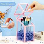 Glass Transparent Holder for Makeup Brush, Suream 8.3” Pink Clear Square Cosmetic Beauty Storage with Lid, Eyeliner Display Organizer with Blue Pearls for Desktop, Dresser, Bedroom and Bathroom Vanity