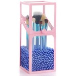 Glass Transparent Holder for Makeup Brush, Suream 8.3” Pink Clear Square Cosmetic Beauty Storage with Lid, Eyeliner Display Organizer with Blue Pearls for Desktop, Dresser, Bedroom and Bathroom Vanity