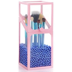 Glass Transparent Holder for Makeup Brush, Suream 8.3” Pink Clear Square Cosmetic Beauty Storage with Lid, Eyeliner Display Organizer with Blue Pearls for Desktop, Dresser, Bedroom and Bathroom Vanity