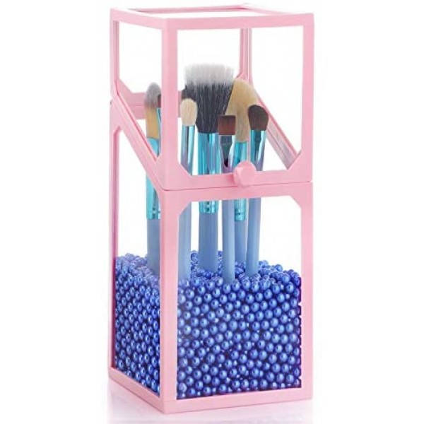 Glass Transparent Holder for Makeup Brush, Suream 8.3” Pink Clear Square Cosmetic Beauty Storage with Lid, Eyeliner Display Organizer with Blue Pearls for Desktop, Dresser, Bedroom and Bathroom Vanity