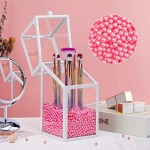 Glass Transparent Makeup Brush Holder, Suream 8.3” White Square Cosmetic Beauty Makeup Storage with Lid, Eyeliner Display Organizer with Pink Pearls for Desktop, Dresser, Bedroom and Bathroom Vanity