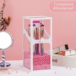Glass Transparent Makeup Brush Holder, Suream 8.3” White Square Cosmetic Beauty Makeup Storage with Lid, Eyeliner Display Organizer with Pink Pearls for Desktop, Dresser, Bedroom and Bathroom Vanity