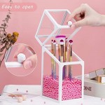 Glass Transparent Makeup Brush Holder, Suream 8.3” White Square Cosmetic Beauty Makeup Storage with Lid, Eyeliner Display Organizer with Pink Pearls for Desktop, Dresser, Bedroom and Bathroom Vanity