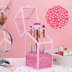 Glass Transparent Makeup Brush Organizer, Suream 8.3” Pink Square Cosmetic Beauty Makeup Storage with Lid, Eyeliner Display Organizer with Pink Pearls for Desktop, Dresser, Bedroom and Bathroom Vanity