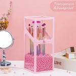 Glass Transparent Makeup Brush Organizer, Suream 8.3” Pink Square Cosmetic Beauty Makeup Storage with Lid, Eyeliner Display Organizer with Pink Pearls for Desktop, Dresser, Bedroom and Bathroom Vanity