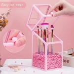 Glass Transparent Makeup Brush Organizer, Suream 8.3” Pink Square Cosmetic Beauty Makeup Storage with Lid, Eyeliner Display Organizer with Pink Pearls for Desktop, Dresser, Bedroom and Bathroom Vanity