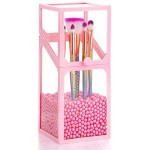 Glass Transparent Makeup Brush Organizer, Suream 8.3” Pink Square Cosmetic Beauty Makeup Storage with Lid, Eyeliner Display Organizer with Pink Pearls for Desktop, Dresser, Bedroom and Bathroom Vanity