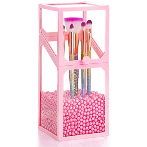 Glass Transparent Makeup Brush Organizer, Suream 8.3” Pink Square Cosmetic Beauty Makeup Storage with Lid, Eyeliner Display Organizer with Pink Pearls for Desktop, Dresser, Bedroom and Bathroom Vanity