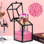 Glass Transparent Makeup Brush Storage, Suream 8.3” Black Square Cosmetic Beauty Makeup Storage with Lid, Eyeliner Display Organizer with Pink Pearls for Desktop, Dresser, Bedroom and Bathroom Vanity